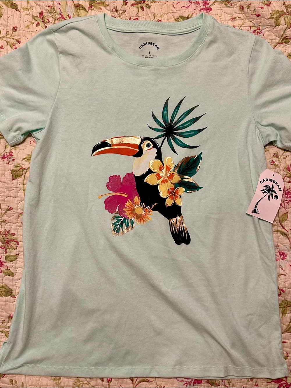 Caribbean Women’s Toucan Tropical Graphic Foil T-Shirt NWT Mint Green Small